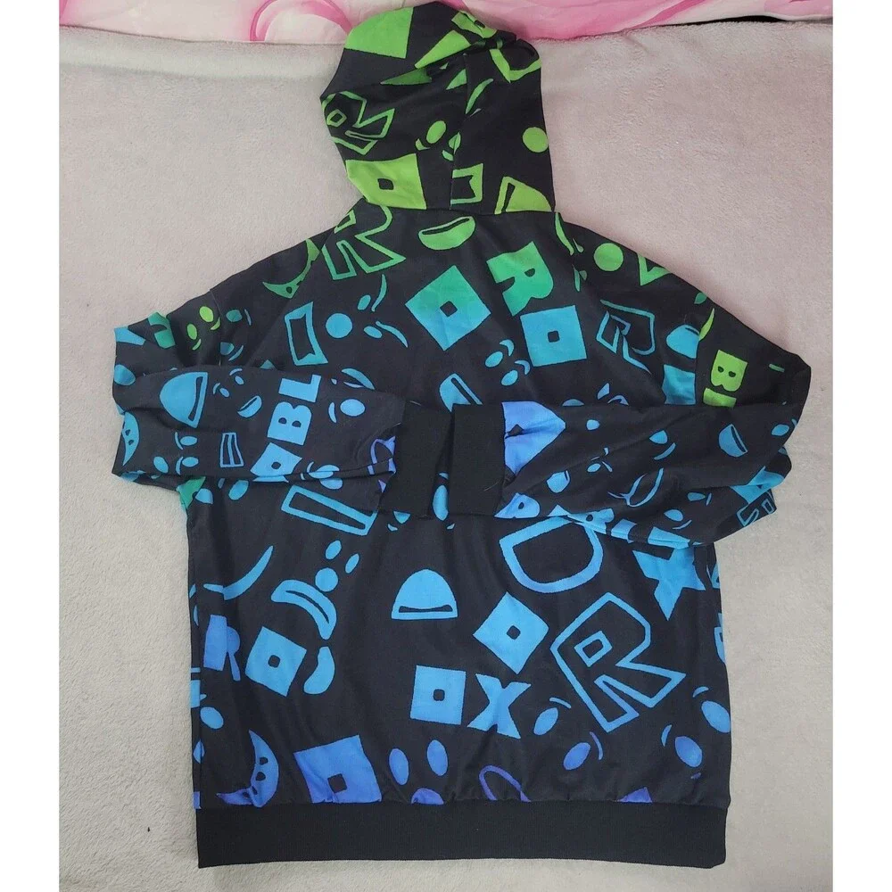 ​Roblox Hoodie Boys Size 15/16 Green Blue All Over Print Gamer Sweatshirt New